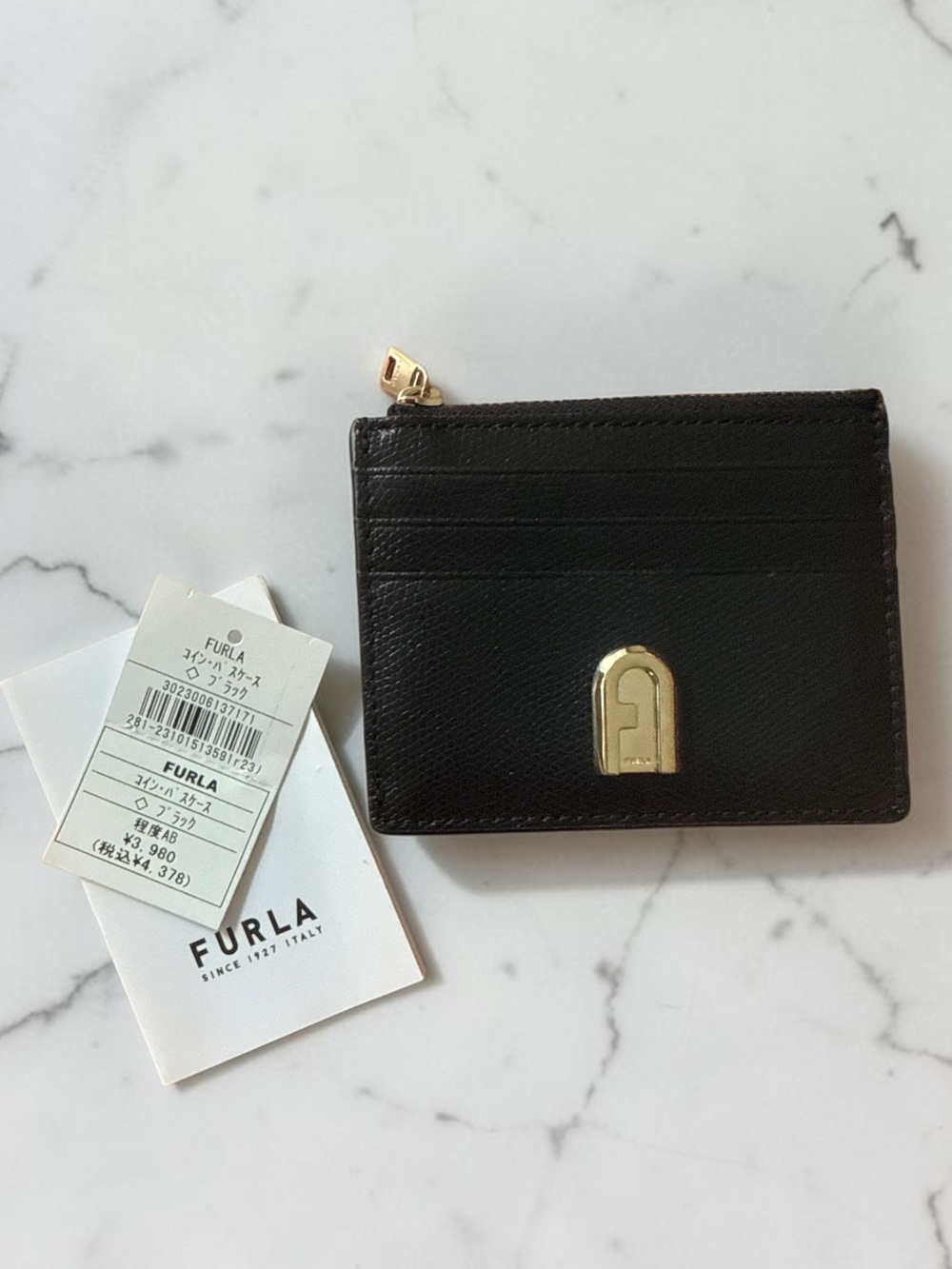 Furla Black Leather Card Case Wallet Zip Coin Pocket Arco Logo